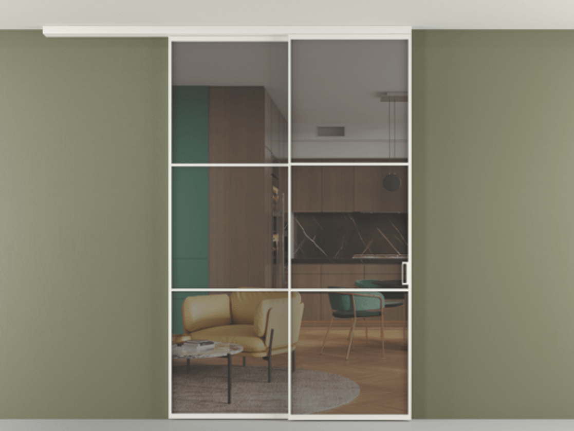 Перегородка Формато вдоль стены на потолок 2 створки с синхронным механизмом АЛПР 040.03 Алюминий светло-серый Прозрачное серое стекло, триплекс Цена 2097520 AMD | Volhovec