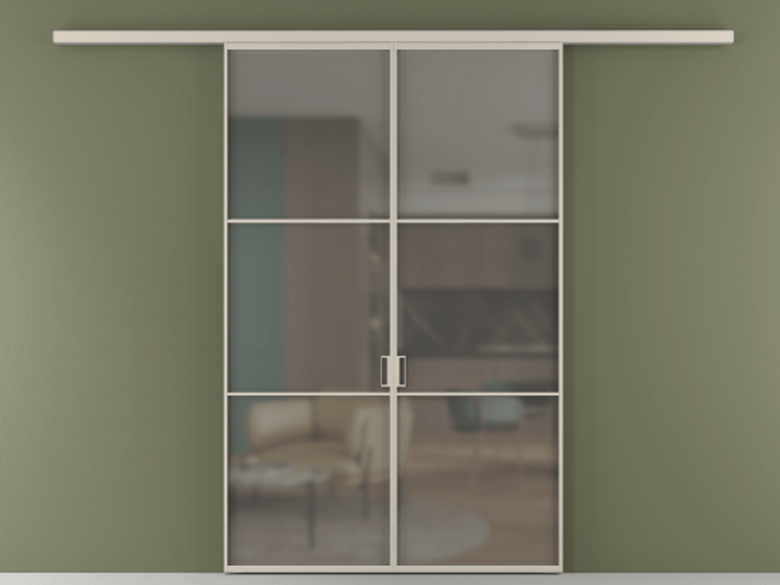 Перегородка Формато вдоль стены 2 створки АЛПР 040.03 Алюминий светло-бежевый Сатинированное серое стекло, триплекс Цена 1318110 AMD | Volhovec