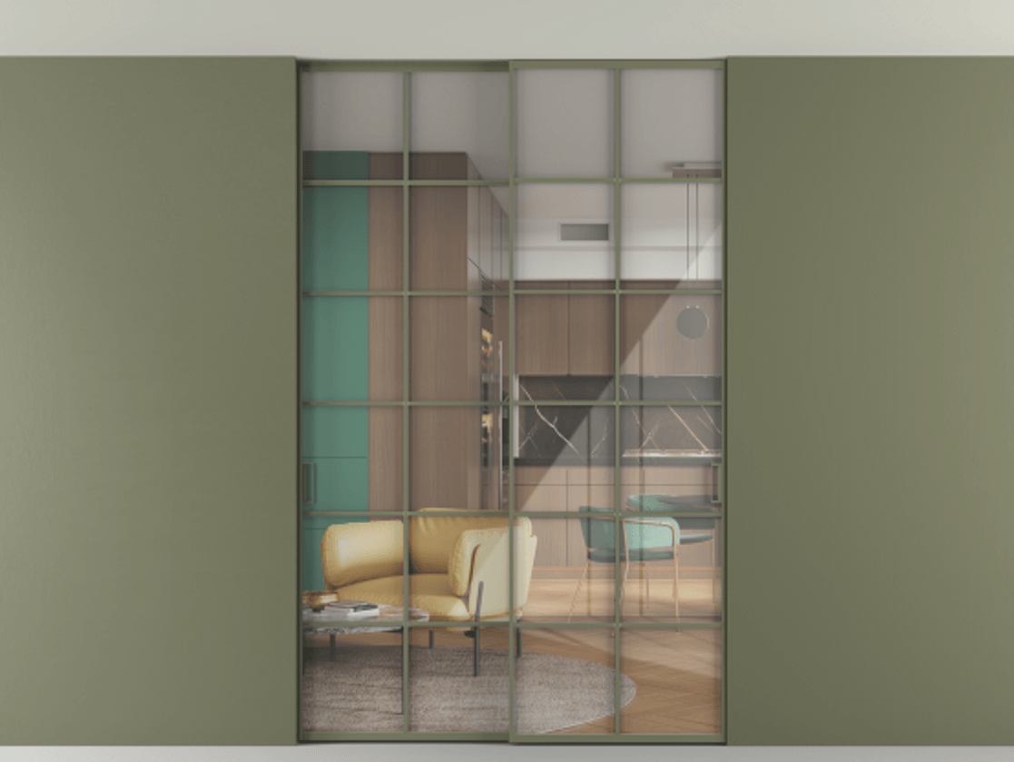 Перегородка Формато внутри проёма скрытое крепление в потолок 2 створки АЛПР 040.05 Алюминий оливковый тёмный Рефлективное прозрачное стекло "Стопсол", калёное Цена 2176150 AMD | Volhovec