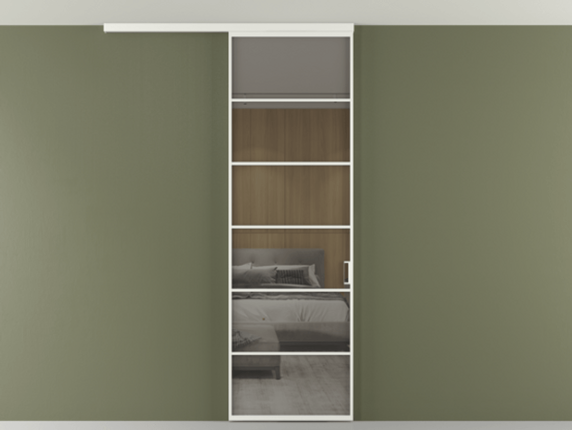 Перегородка Formato вдоль стены на потолок 1 створка АЛПР 040.04 Алюминий светло-серый Рефлективное серое стекло "Стопсол", калёное Цена 134090 ₽ | Volhovec