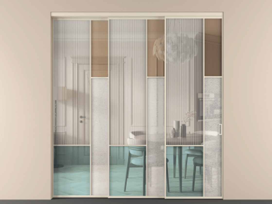 Перегородка Mosaic внутри проёма 3 створки с синхронным механизмом АЛПР 041.12 Алюминий бежево-серый Комбинация стекол Группы 1 и Группы 3 Цена 3071100 AMD | Volhovec