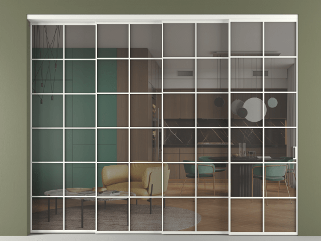 Перегородка Формато внутри проёма 4 створки с синхронным механизмом АЛПР 040.05 Алюминий светло-серый Прозрачное серое стекло, триплекс Цена 3295660 AMD | Volhovec