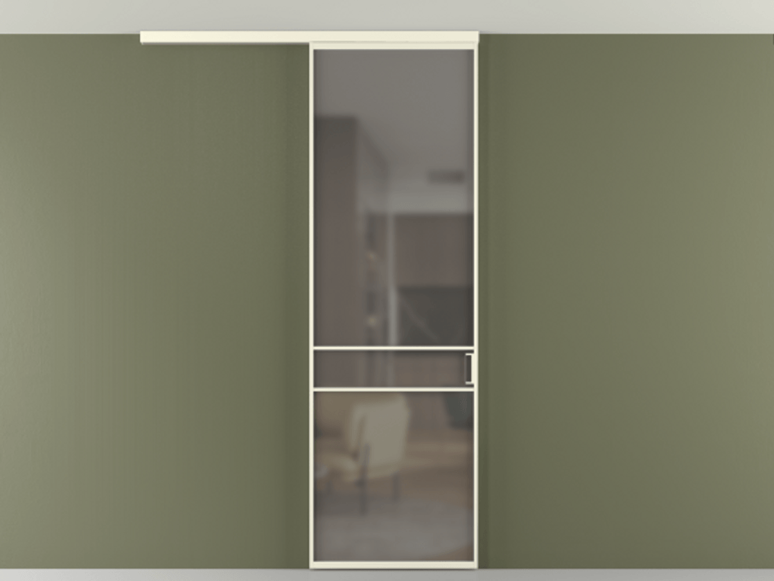 Перегородка Формато вдоль стены на потолок 1 створка АЛПР 040.02 Алюминий молочно-белый Сатинированное серое стекло, триплекс Цена 653210 AMD | Volhovec