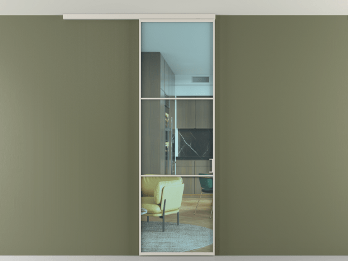 Перегородка Формато вдоль стены на потолок 1 створка АЛПР 040.03 Алюминий облачно-серый Прозрачное голубое стекло, триплекс Цена 653200 AMD | Volhovec