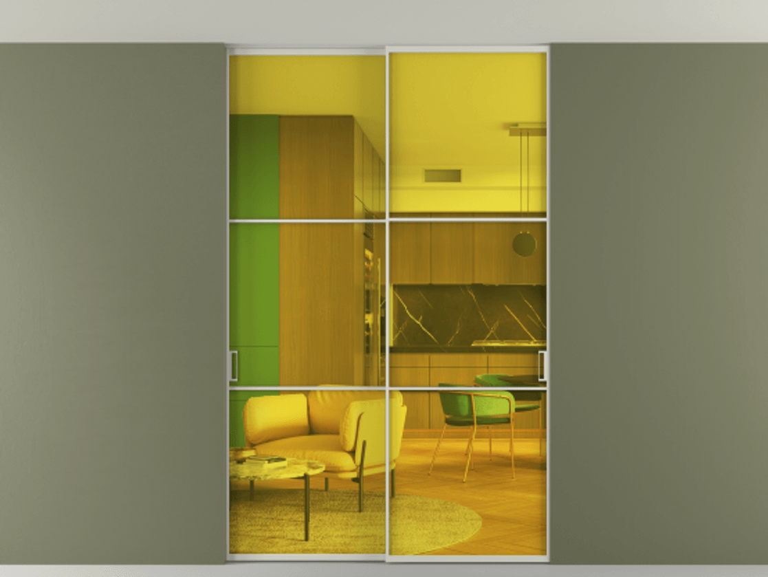 Перегородка Формато внутри проёма скрытое крепление в потолок 2 створки АЛПР 040.03 Алюминий тёплый серый Прозрачное жёлтое стекло, триплекс Цена 1674000 AMD | Volhovec