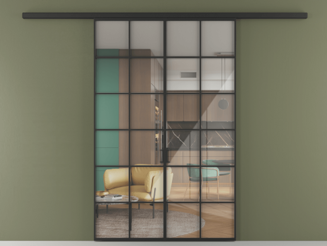 Перегородка Формато вдоль стены 2 створки АЛПР 040.05 Алюминий Черный Рефлективное прозрачное стекло "Стопсол", калёное Цена 1481930 AMD | Volhovec