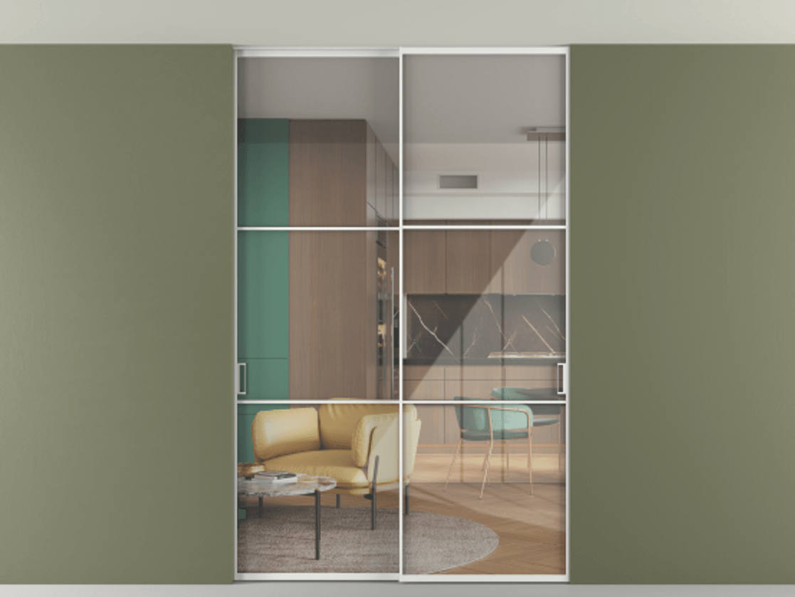 Перегородка Формато внутри проёма скрытое крепление в потолок 2 створки АЛПР 040.03 Алюминий белоснежный Рефлективное прозрачное стекло "Стопсол", калёное Цена 2060430 AMD | Volhovec