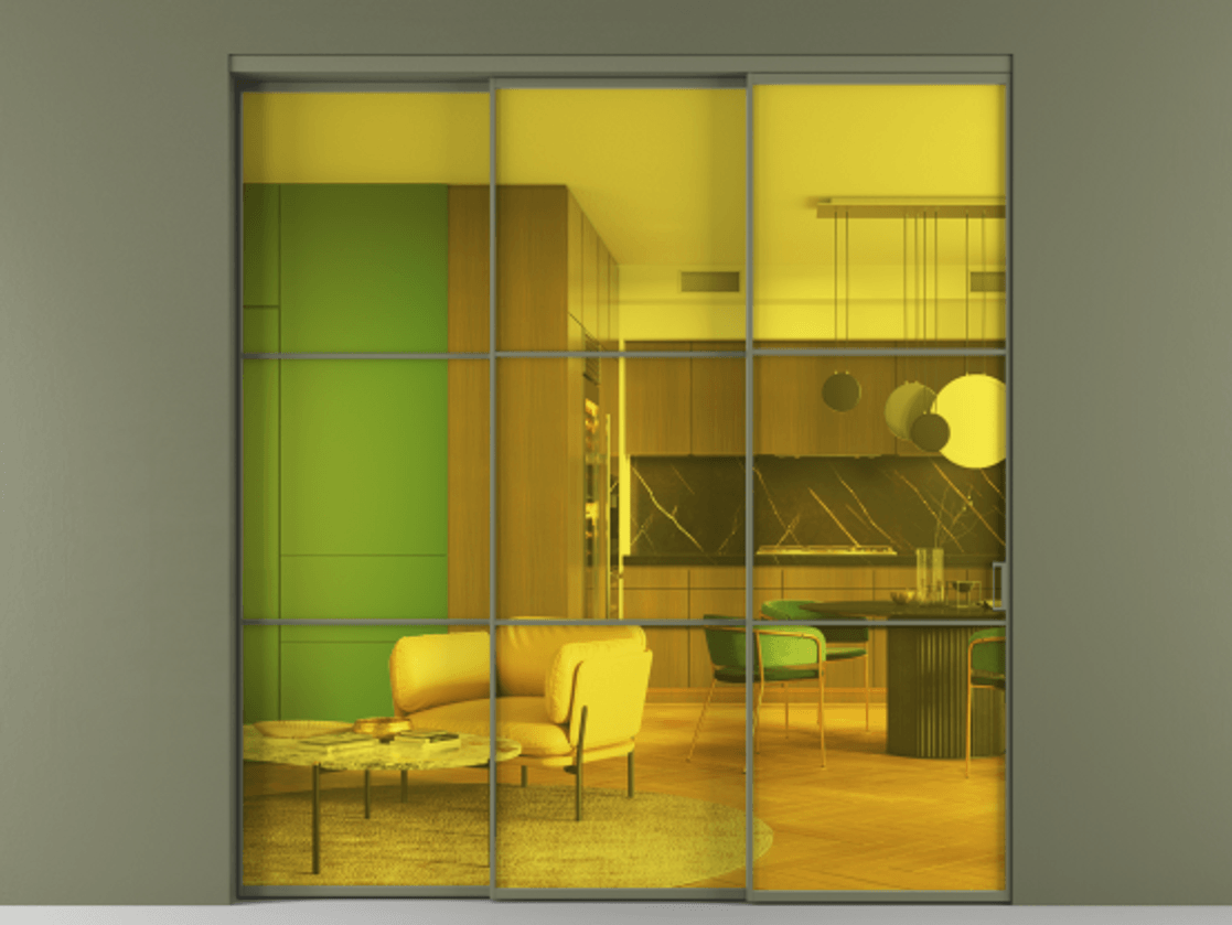 Перегородка Formato внутри проёма 3 створки с синхронным механизмом АЛПР 040.03 Алюминий оливковый тёмный Прозрачное жёлтое стекло, триплекс Цена 2323600 AMD  | Volhovec