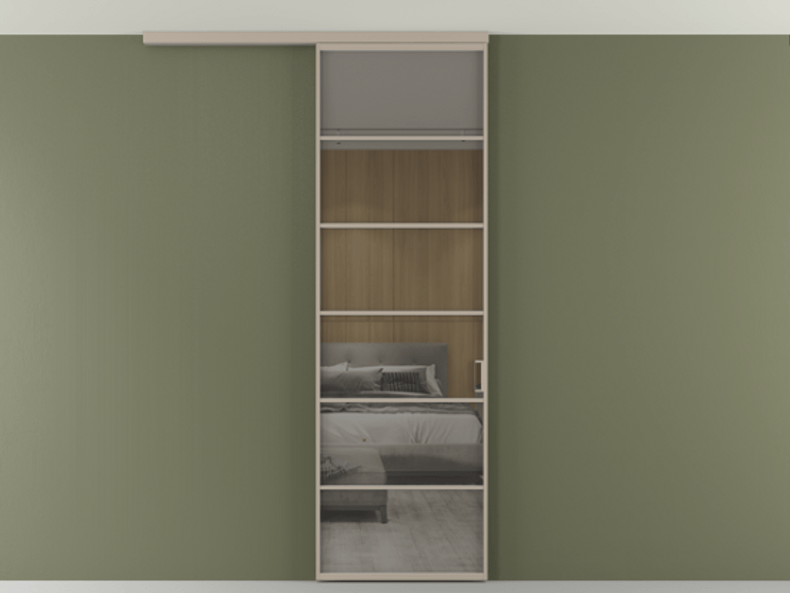 Перегородка Formato вдоль стены на потолок 1 створка АЛПР 040.04 Алюминий бисквитный Рефлективное серое стекло "Stopsol", калёное Цена 904300 AMD | Volhovec