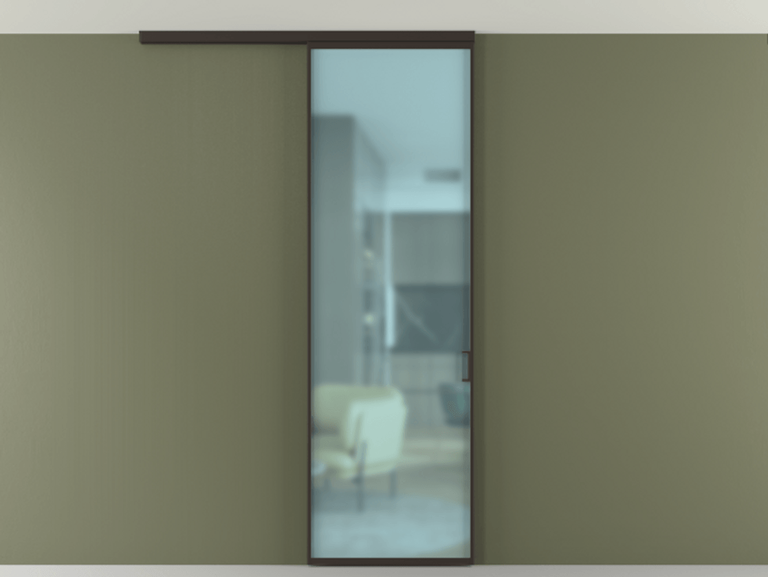 Перегородка Формато вдоль стены на потолок 1 створка АЛПР 040.01 Алюминий антрацит Сатинированное голубое стекло, триплекс Цена 623200 AMD | Volhovec