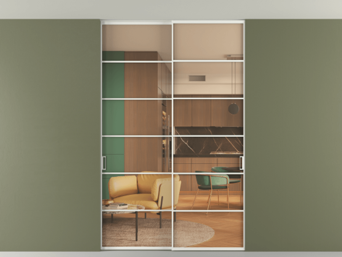 Перегородка Формато внутри проёма скрытое крепление в потолок 2 створки АЛПР 040.04 Алюминий светло-серый Прозрачное оранжевое стекло, триплекс Цена 261085 ₽ | Volhovec