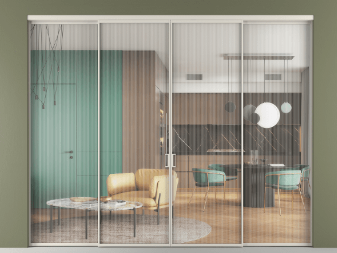 Перегородка Формато внутри проёма 4 створки АЛПР 040.01 Алюминий облачно-серый Рифлёное стекло "Мору", триплекс Цена 2224850 AMD  | Volhovec