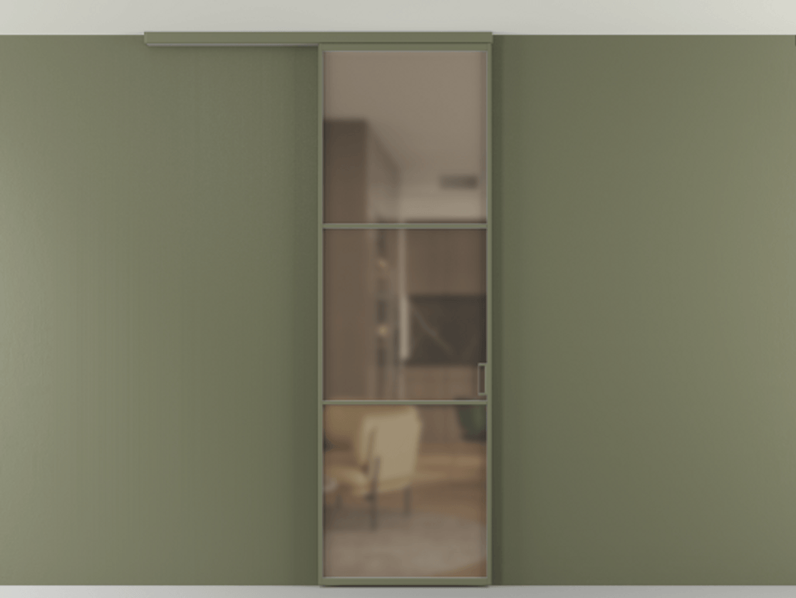 Перегородка Формато вдоль стены на потолок 1 створка АЛПР 040.03 Алюминий оливковый тёмный Сатинированное бронзовое стекло, триплекс Цена 681060 AMD | Volhovec