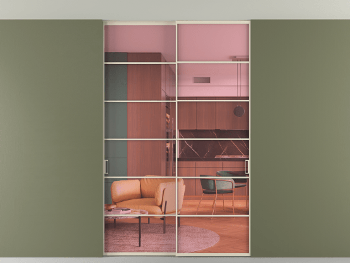 Перегородка Формато внутри проёма скрытое крепление в потолок 2 створки АЛПР 040.04 Алюминий бежево-серый Прозрачное розовое стекло, триплекс Цена 1760800 AMD | Volhovec