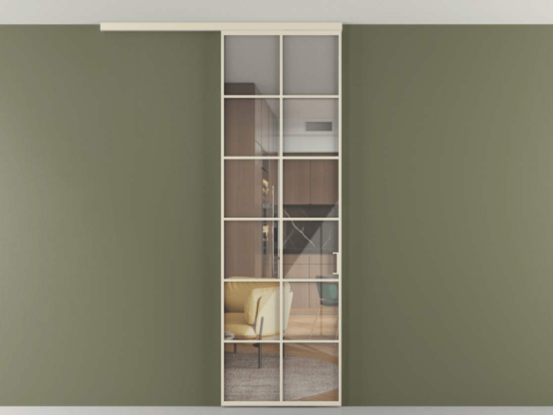 Перегородка Формато вдоль стены на потолок 1 створка АЛПР 040.05 Алюминий бежево-серый Рефлективное прозрачное стекло "Стопсол", калёное Цена 904300 AMD | Volhovec