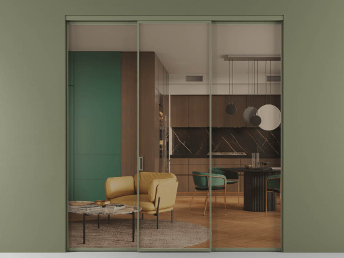 Перегородка Formato внутри проёма 3 створки АЛПР 040.01 Алюминий оливковый тёмный Прозрачное бронзовое стекло, триплекс Цена 1518240 AMD | Volhovec