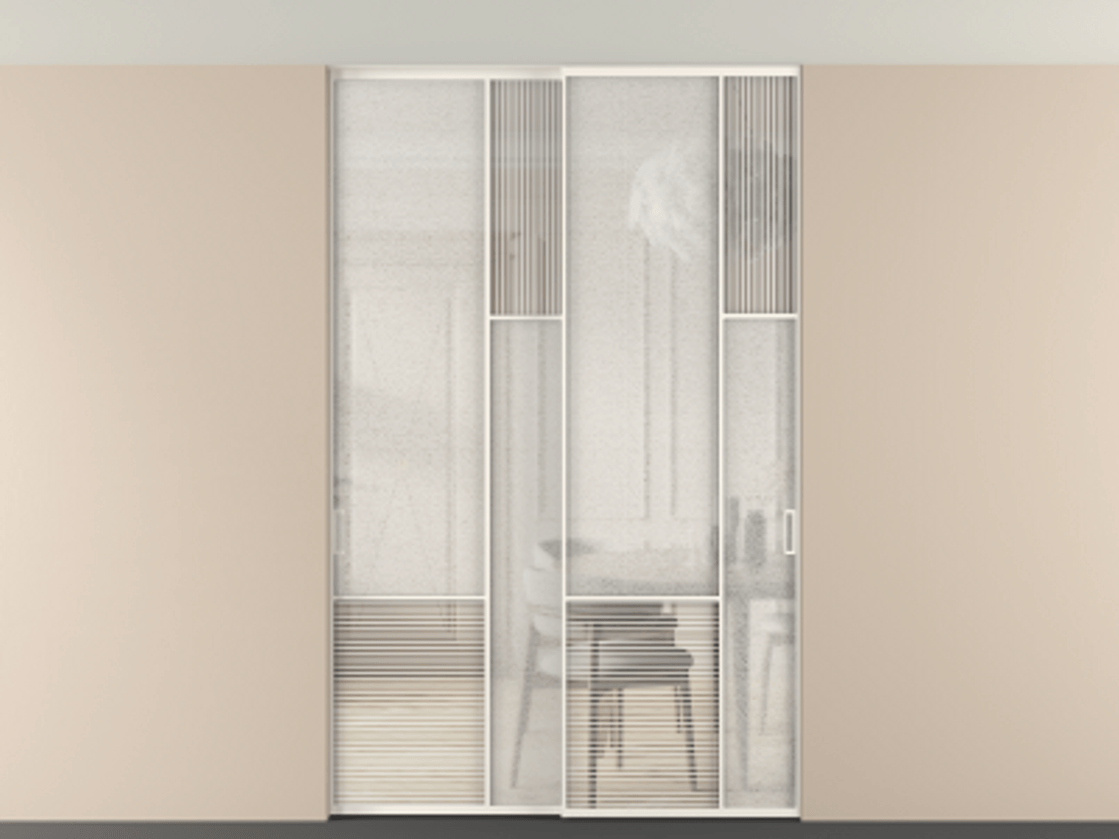 Перегородка Мозаик внутри проёма скрытое крепление в потолок 2 створки АЛПР 041.12 Алюминий пудровый белый Рифлёное стекло "Дюна", триплекс, 6 мм + Фактурное стекло "Лёд", триплекс Цена 2296870 AMD | Volhovec