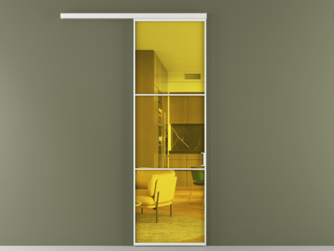 Перегородка Формато вдоль стены 1 створка АЛПР 040.03 Алюминий белоснежный Прозрачное жёлтое стекло, триплекс Цена 715400 AMD  | Volhovec