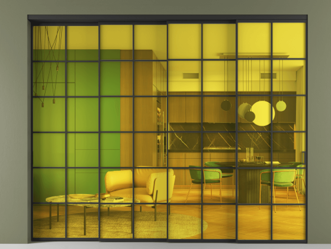 Перегородка Formato внутри проёма 4 створки с синхронным механизмом АЛПР 040.05 Алюминий Черный Прозрачное жёлтое стекло, триплекс Цена 3141200 AMD | Volhovec