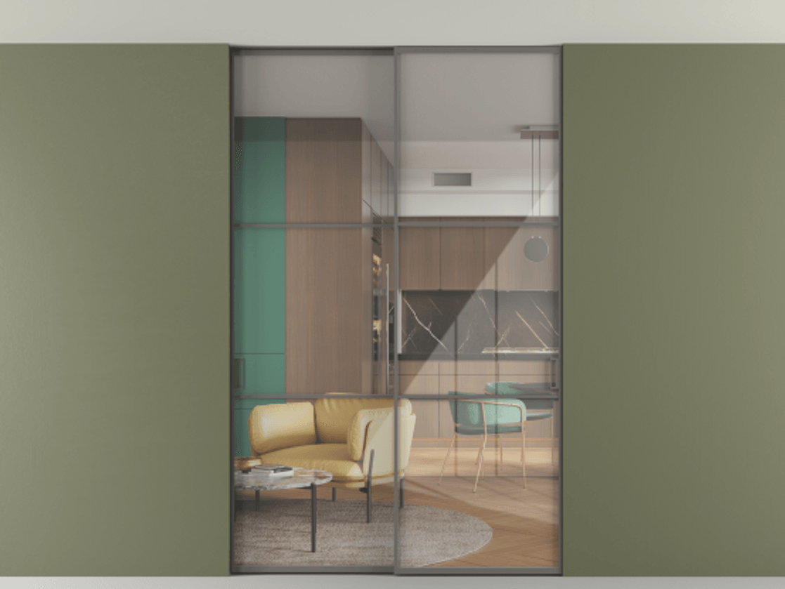 Перегородка Формато внутри проёма скрытое крепление в потолок 2 створки АЛПР 040.03 Алюминий классический серый Рефлективное прозрачное стекло "Стопсол", калёное Цена 2060430 AMD | Volhovec