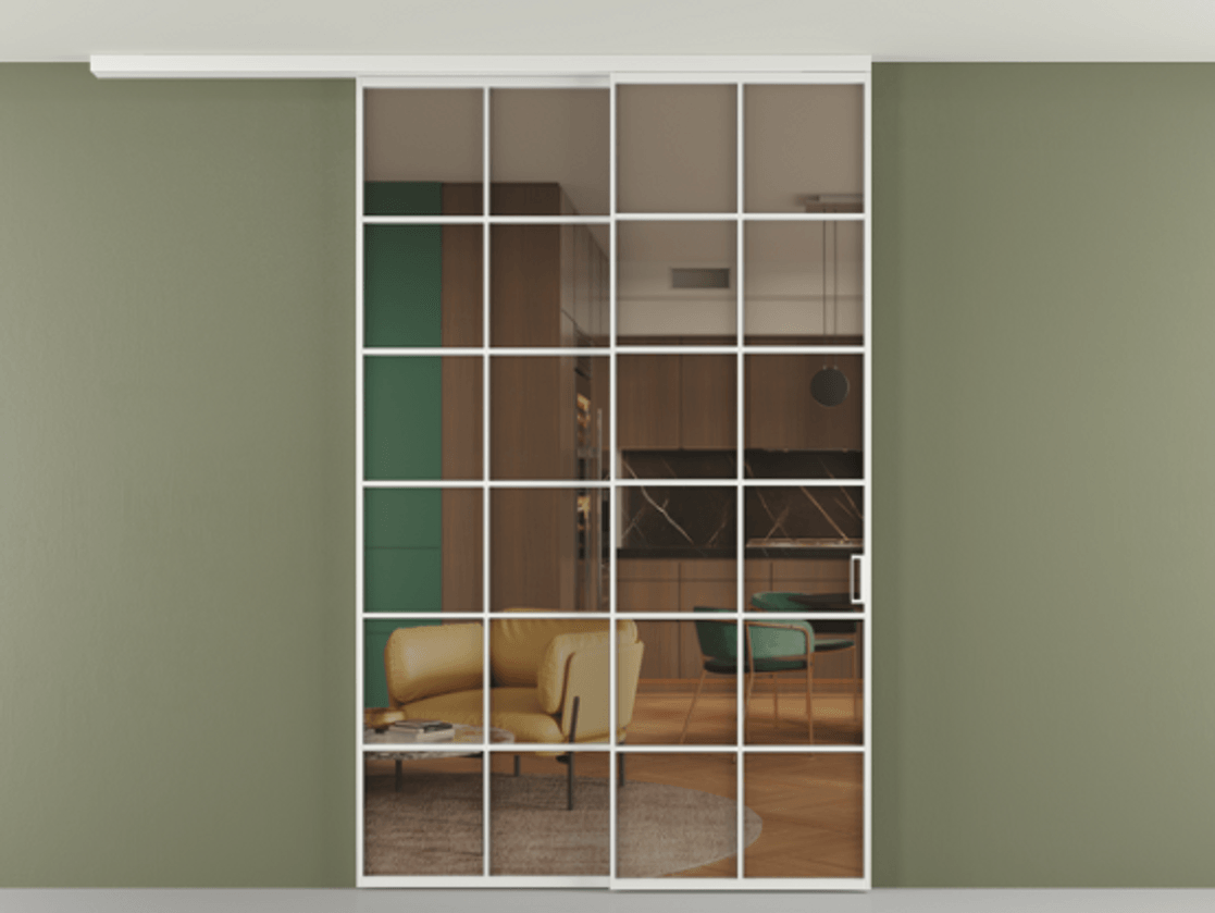 Перегородка Формато вдоль стены на потолок 2 створки с синхронным механизмом АЛПР 040.05 Алюминий белоснежный Прозрачное бронзовое стекло, триплекс Цена 15210 AZE | Volhovec