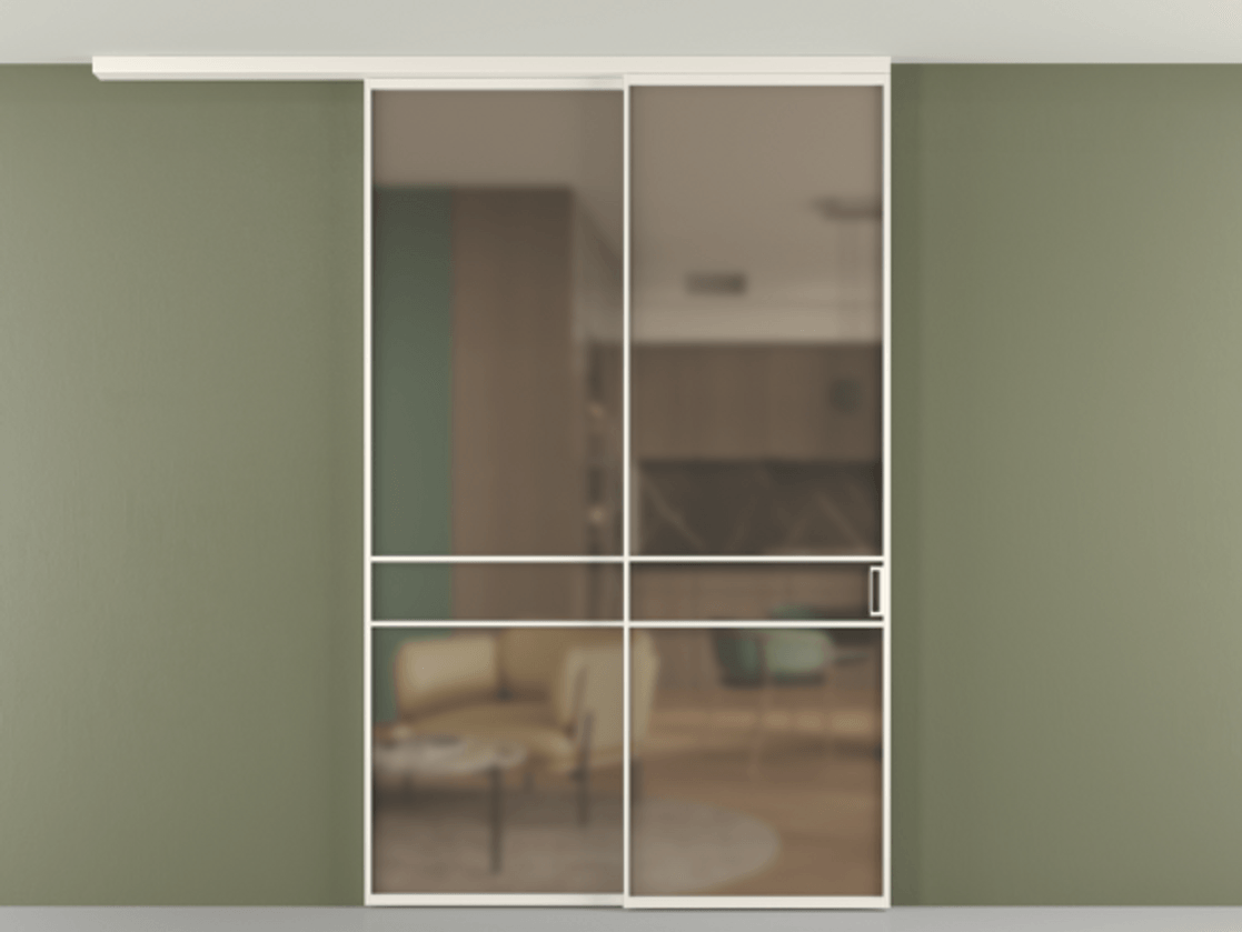 Перегородка Формато вдоль стены на потолок 2 створки с синхронным механизмом АЛПР 040.02 Алюминий пудровый белый Сатинированное бронзовое стекло, триплекс Цена 2097520 AMD | Volhovec