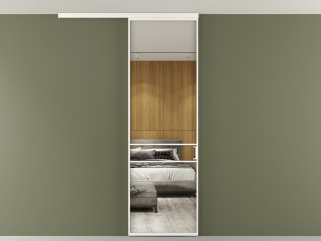 Перегородка Формато вдоль стены на потолок 1 створка АЛПР 040.02 Алюминий пудровый белый Двустороннее зеркало, триплекс , триплекс 6 мм Цена 653210 AMD | Volhovec