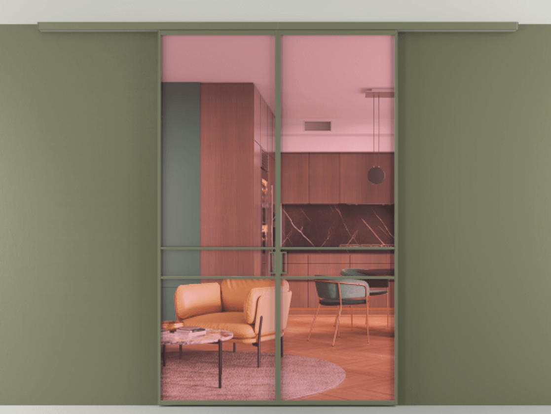 Перегородка Formato вдоль стены на потолок 2 створки АЛПР 040.02 Алюминий оливковый тёмный Прозрачное розовое стекло, триплекс Цена 1314200 AMD | Volhovec