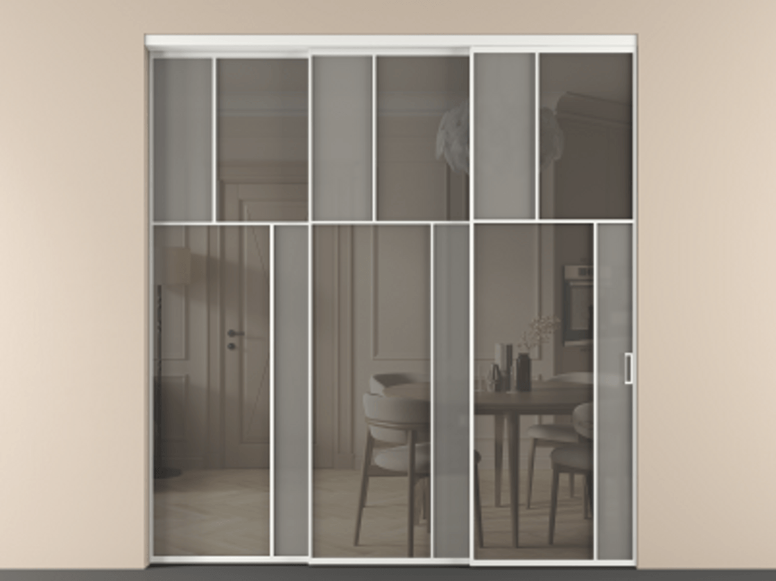 Перегородка Мозаик внутри проёма 3 створки с синхронным механизмом АЛПР 041.23 Алюминий белоснежный Сатинированное серое стекло, триплекс, 6 мм + Прозрачное серое стекло, триплекс Цена 2949760 AMD | Volhovec