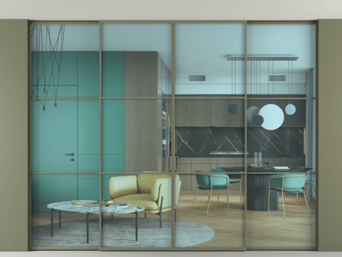 Перегородка Формато внутри проёма скрытое крепление в потолок 4 створки АЛПР 040.03 Алюминий оливковый тёмный Прозрачное голубое стекло, триплекс Цена 3082400 AMD | Volhovec