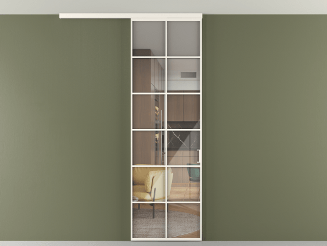 Перегородка Формато вдоль стены на потолок 1 створка АЛПР 040.05 Алюминий пудровый белый Рефлективное прозрачное стекло "Стопсол", калёное Цена 904300 AMD | Volhovec