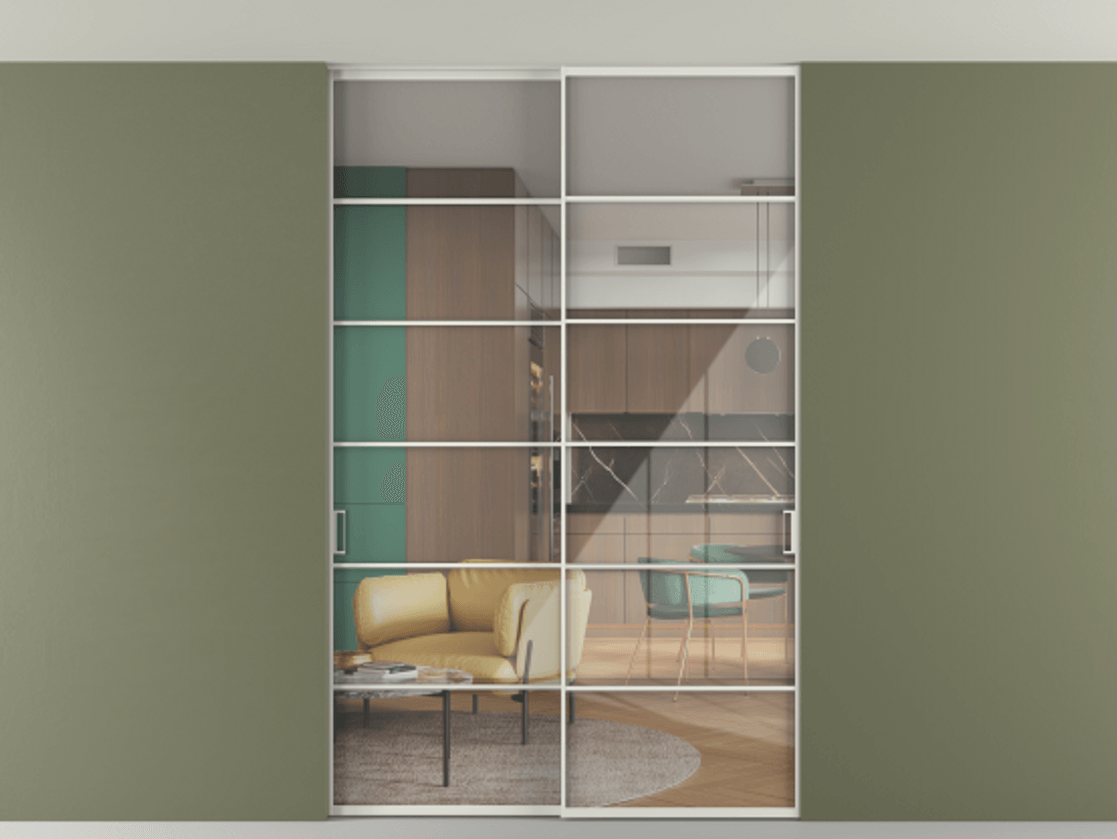 Перегородка Формато внутри проёма скрытое крепление в потолок 2 створки АЛПР 040.04 Алюминий серый Рефлективное прозрачное стекло "Стопсол", калёное Цена 2176150 AMD | Volhovec