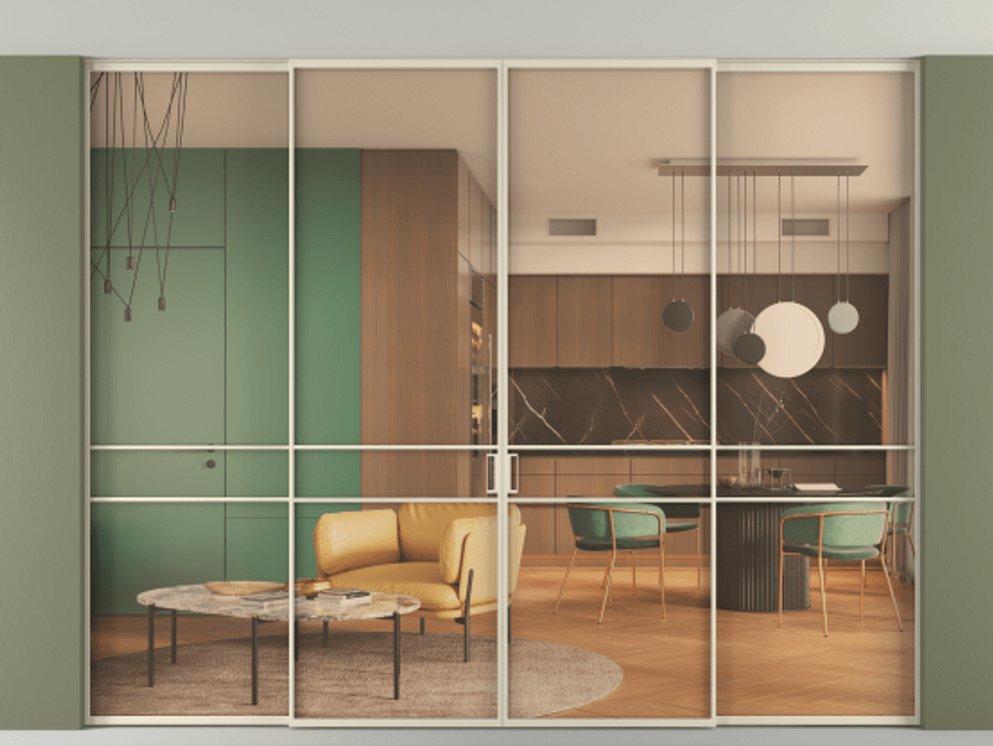 Перегородка Formato внутри проёма скрытое крепление в потолок 4 створки АЛПР 040.02 Алюминий бежево-серый Прозрачное оранжевое стекло, триплекс Цена 3528100 AMD | Volhovec