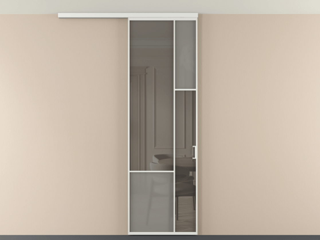 Перегородка Mosaic вдоль стены на потолок 1 створка АЛПР 041.12 Алюминий белоснежный Сатинированное серое стекло, триплекс, 6 мм + Прозрачное серое стекло, триплекс Цена 910710 AMD | Volhovec