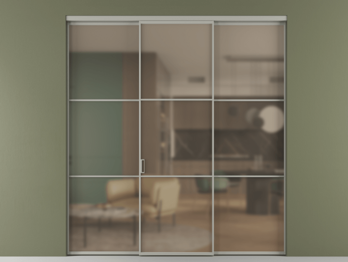 Перегородка Формато внутри проёма 3 створки АЛПР 040.03 Алюминий нейтральный серый Сатинированное бронзовое стекло, триплекс Цена 1600180 AMD | Volhovec