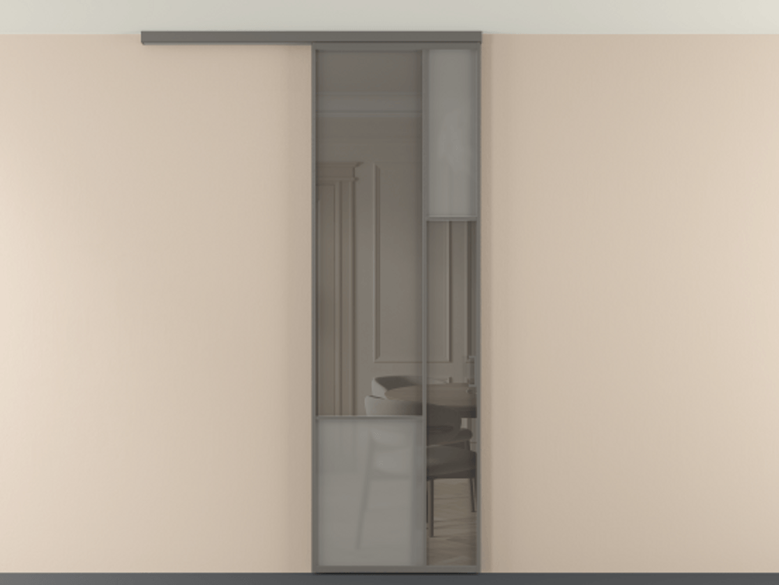 Перегородка Мозаик вдоль стены на потолок 1 створка АЛПР 041.12 Алюминий классический серый Сатинированное серое стекло, триплекс, 6 мм + Прозрачное серое стекло, триплекс Цена 910710 AMD | Volhovec