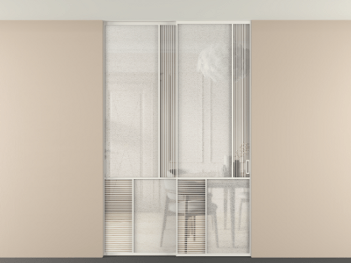 Перегородка Mosaic внутри проёма скрытое крепление в потолок 2 створки АЛПР 041.21 Алюминий Белый Рифлёное стекло "Дюна", триплекс, 6 мм + Фактурное стекло "Лёд", триплекс Цена 331020 ₽ | Volhovec