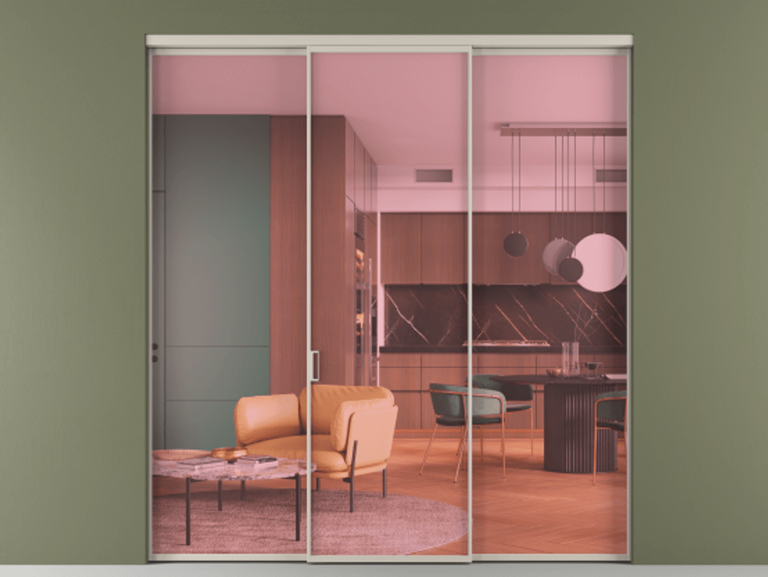 Перегородка Формато внутри проёма 3 створки АЛПР 040.01 Алюминий светло-бежевый Прозрачное розовое стекло, триплекс Цена 1518200 AMD | Volhovec