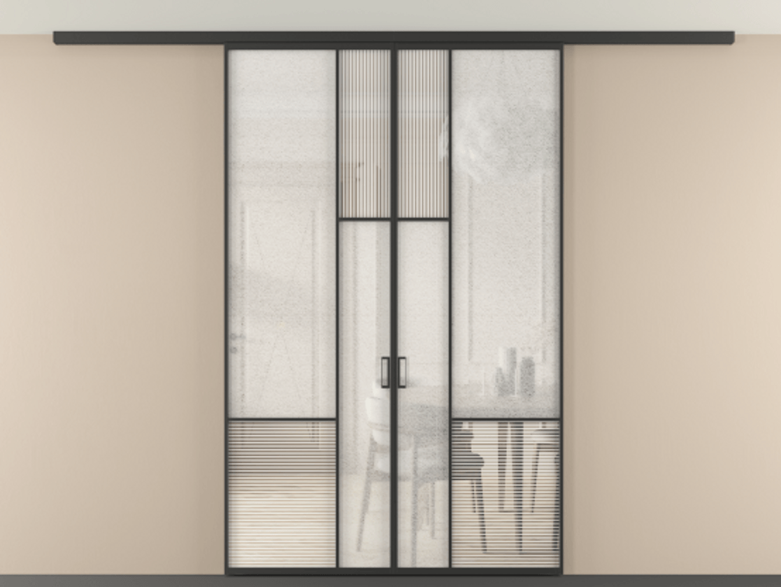 Перегородка Mosaic вдоль стены на потолок двустворчатая АЛПР 041.13 Алюминий Черный Рифлёное стекло "Дюна", триплекс, 6 мм + Фактурное стекло "Лёд", триплекс Цена 1809550 AMD | Volhovec