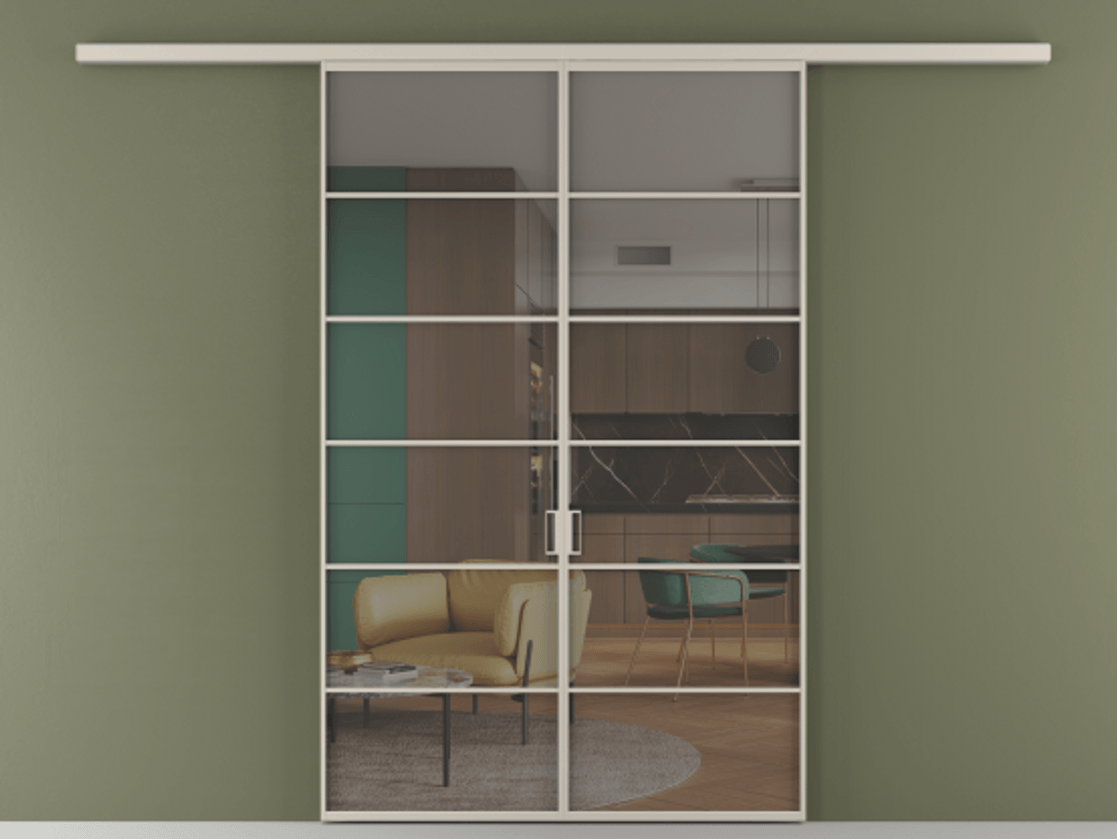 Перегородка Формато вдоль стены 2 створки АЛПР 040.04 Алюминий светло-бежевый Прозрачное серое стекло, триплекс Цена 1397020 AMD | Volhovec