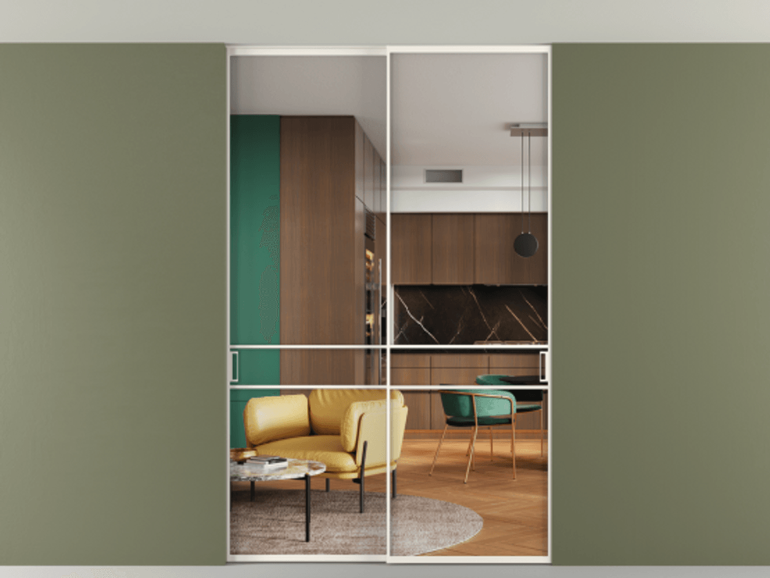 Перегородка Формато внутри проёма скрытое крепление в потолок 2 створки АЛПР 040.02 Алюминий пудровый белый Прозрачное стекло "Кристал Вижн", калёное Цена 2060430 AMD | Volhovec