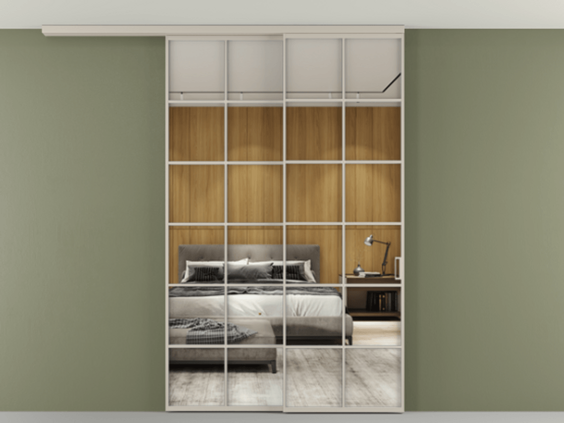 Перегородка Формато вдоль стены на потолок 2 створки с синхронным механизмом АЛПР 040.05 Алюминий светло-бежевый Двустороннее зеркало, триплекс , триплекс 6 мм Цена 1967250 AMD | Volhovec