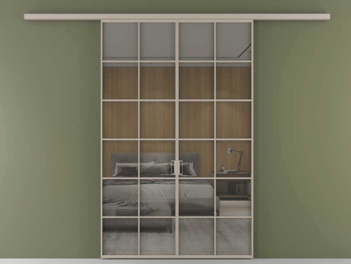 Перегородка Формато вдоль стены 2 створки АЛПР 040.05 Алюминий бисквитный Рефлективное серое стекло "Стопсол", калёное Цена 1784460 AMD | Volhovec