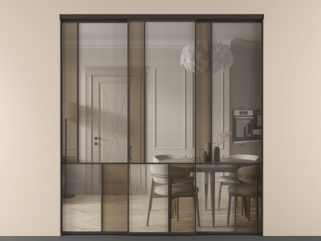 Перегородка Mosaic внутри проёма 3 створки АЛПР 041.20 Алюминий антрацит Декоративное стекло с сеткой "Mesh silver", триплекс, 6 мм + Прозрачное бронзовое стекло, триплекс. Цена 359390 ₽ . Фабрика дверей Волховец 8 (800) 551 43 19 Перегородка Mosaic внутри проёма 3 створки АЛПР 041.20 Алюминий антрацит Декоративное стекло с сеткой "Mesh silver", триплекс, 6 мм + Прозрачное бронзовое стекло, триплекс Цена 359390 ₽ | Volhovec