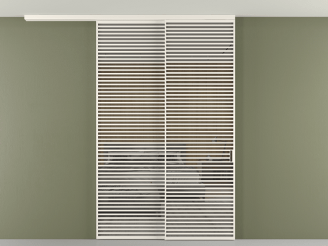 Перегородка Формато вдоль стены на потолок 2 створки с синхронным механизмом АЛПР 040.07 Алюминий пудровый белый Рефлективное серое стекло "Стопсол", калёное Цена 3659430 AMD | Volhovec