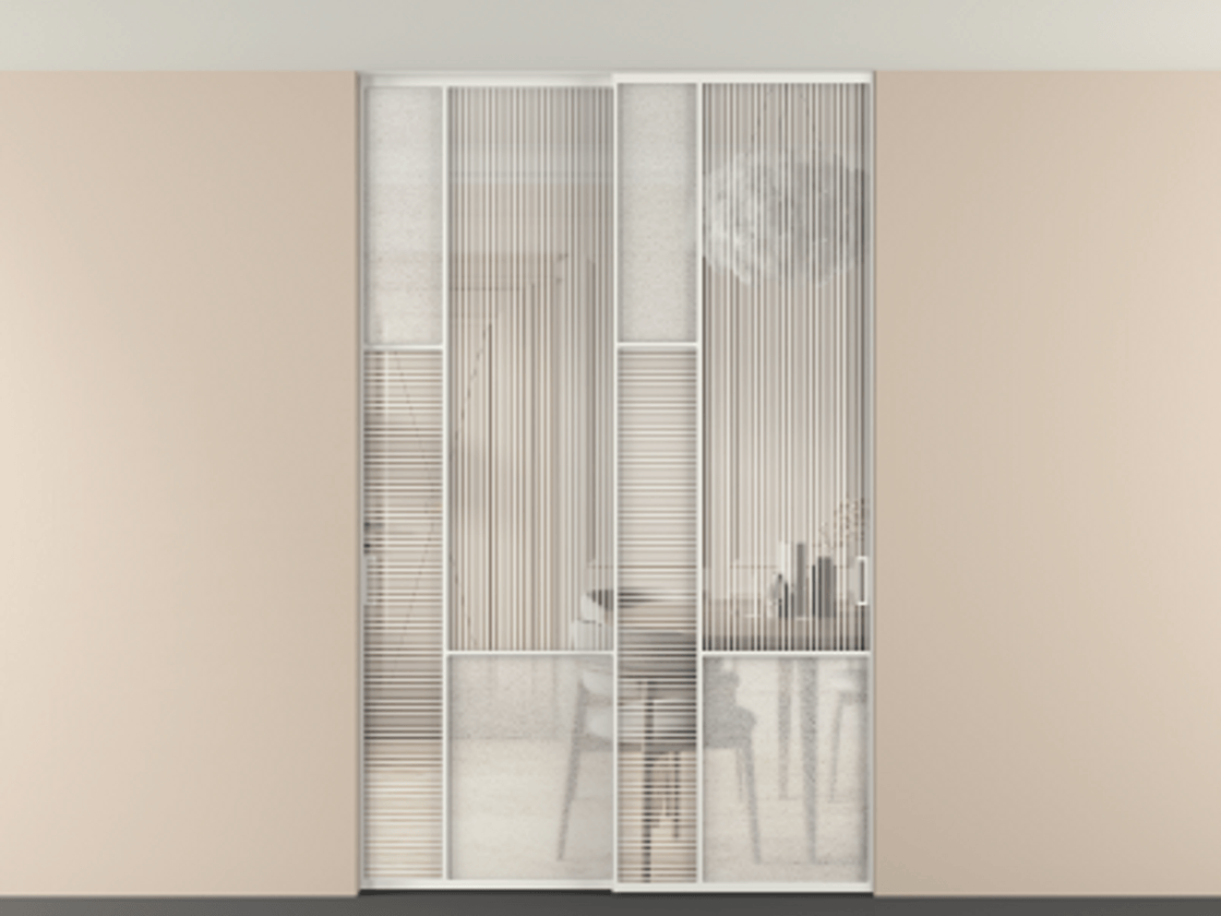 Перегородка Мозаик внутри проёма скрытое крепление в потолок 2 створки АЛПР 041.13 Алюминий светло-серый Рифлёное стекло "Дюна", триплекс, 6 мм + Фактурное стекло "Лёд", триплекс Цена 2296870 AMD | Volhovec