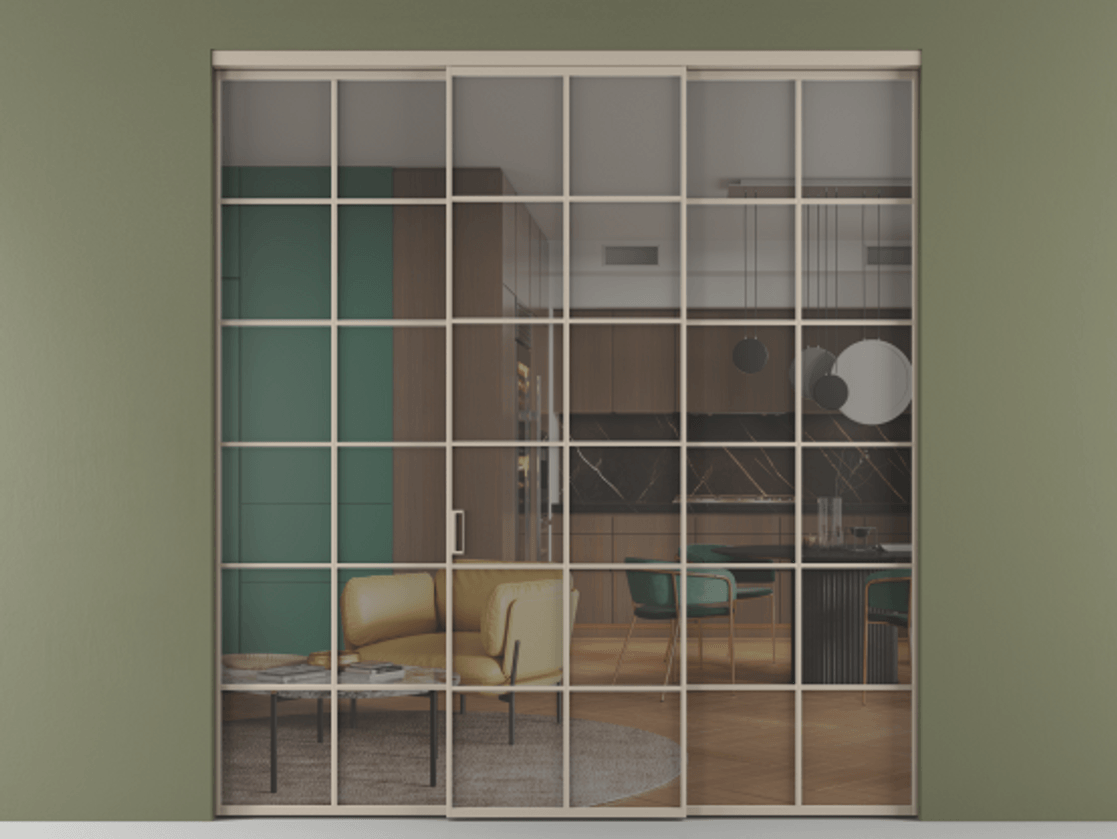 Перегородка Формато внутри проёма 3 створки АЛПР 040.05 Алюминий бисквитный Прозрачное серое стекло, триплекс Цена 1718540 AMD | Volhovec