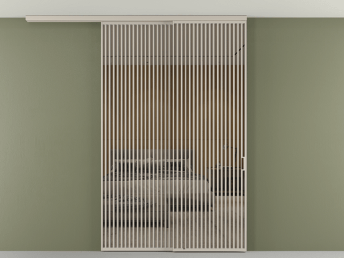 Перегородка Формато вдоль стены на потолок 2 створки с синхронным механизмом АЛПР 040.06 Алюминий светло-бежевый Рефлективное бронзовое стекло "Стопсол", калёное Цена 3124200 AMD | Volhovec