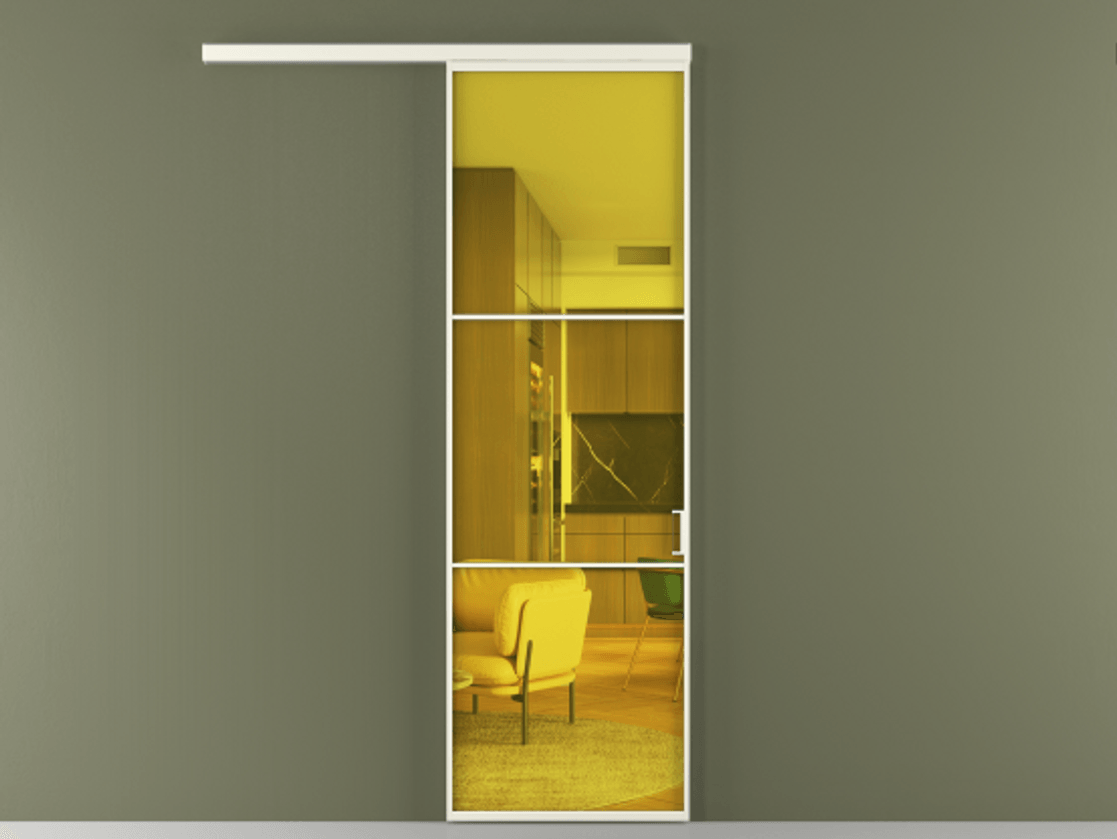 Перегородка Формато вдоль стены 1 створка АЛПР 040.03 Алюминий жемчужный Прозрачное жёлтое стекло, триплекс Цена 715400 AMD  | Volhovec