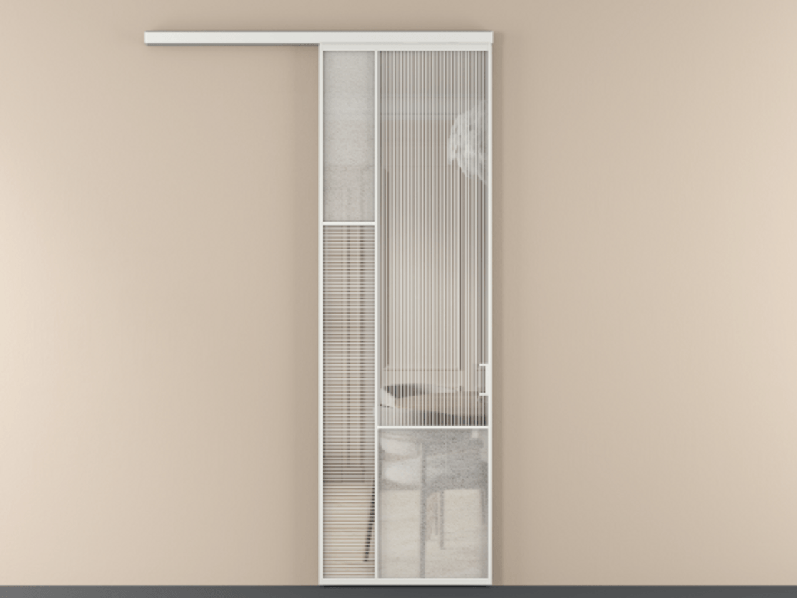 Перегородка Mosaic вдоль стены 1 створка АЛПР 041.13 Алюминий белоснежный Рифлёное стекло "Дюна", триплекс, 6 мм + Фактурное стекло "Лёд", триплекс Цена 978080 AMD | Volhovec